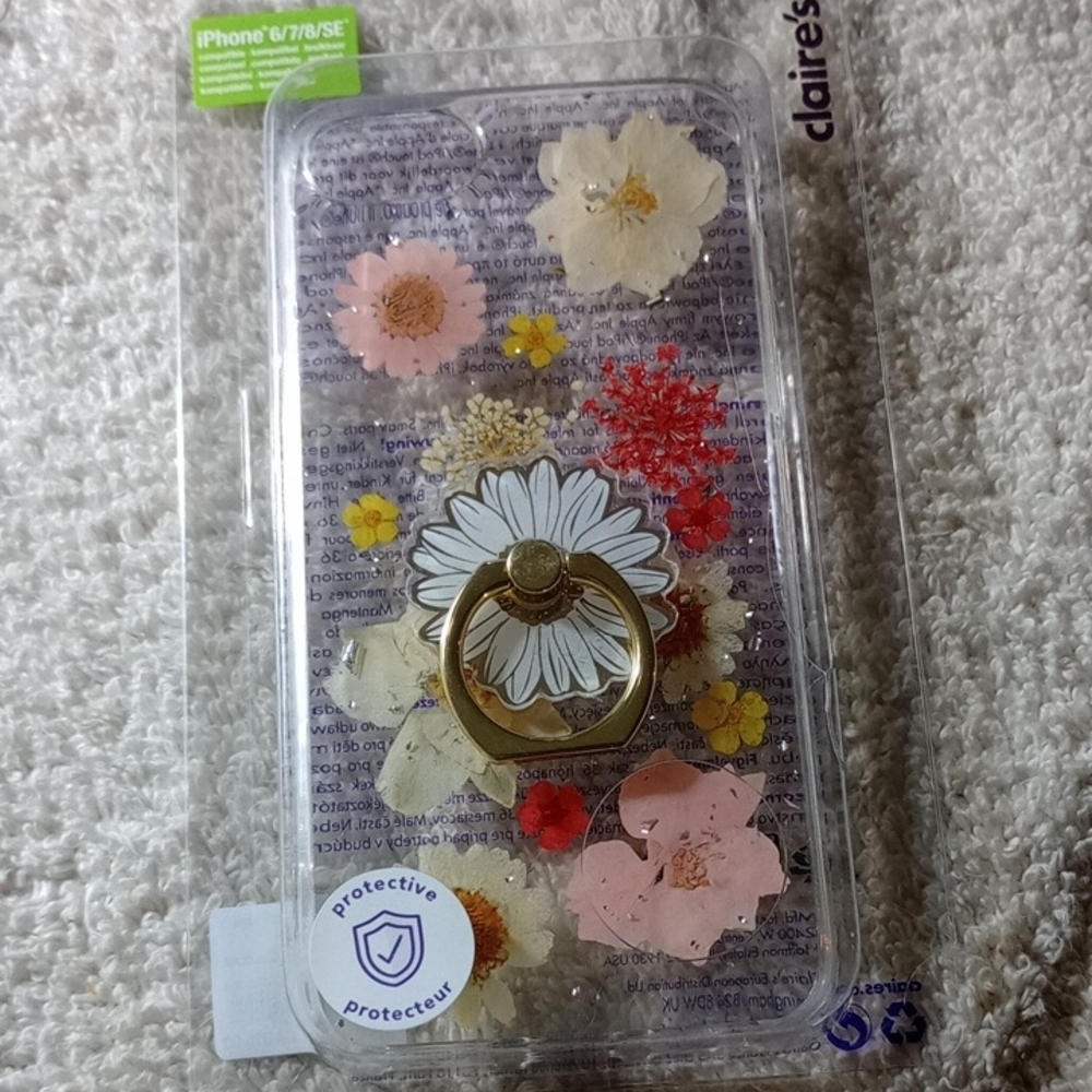 Claire's Clear Floral iPhone 6/7/8 SE Case with Gold Ring